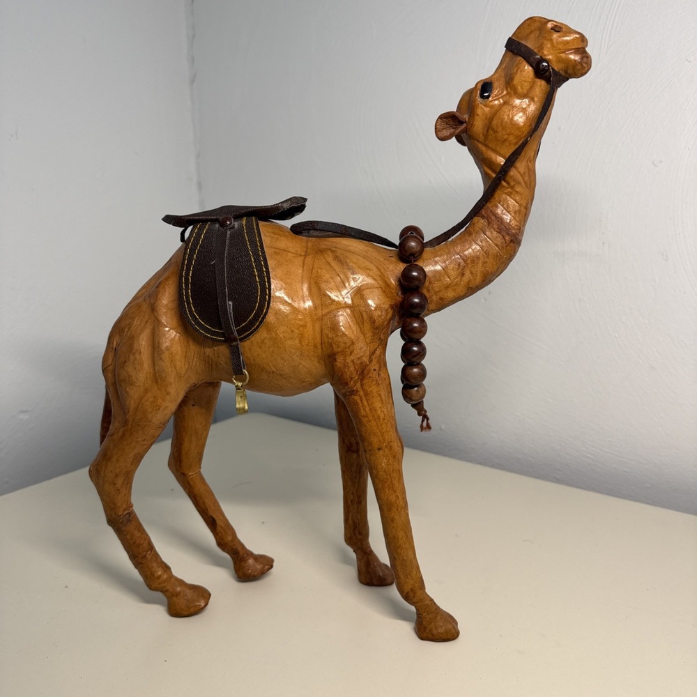 12-13" LEATHER WRAPPED CAMEL W / Saddle & Reins Animals Statue Figure Sz 14"/12"